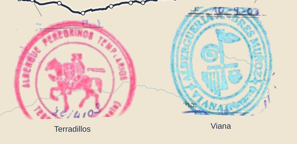 Sello rosa de Terradillos con un jinete a caballo junto a un sello azul de Viana, colocados en el mapa de la ruta.