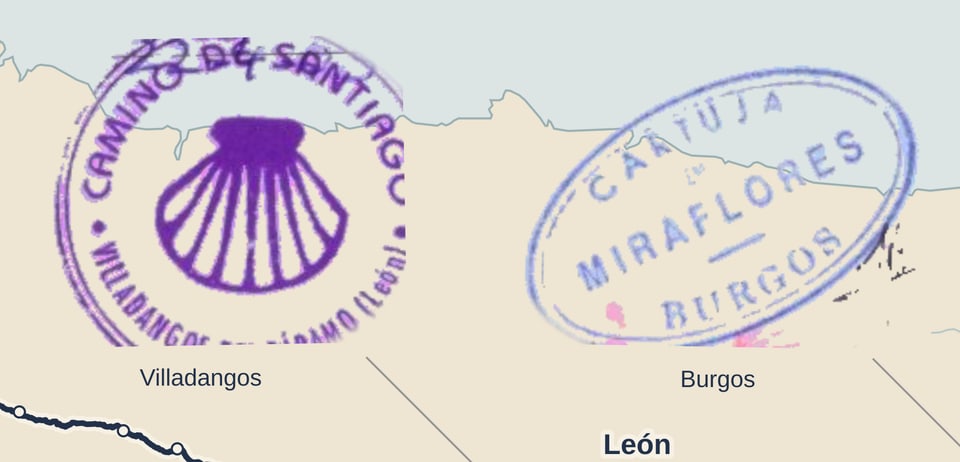Sello morado de una concha de Villadangos junto al sello azul claro de Miraflores, Burgos, con los bordes desgastados de la tinta original.