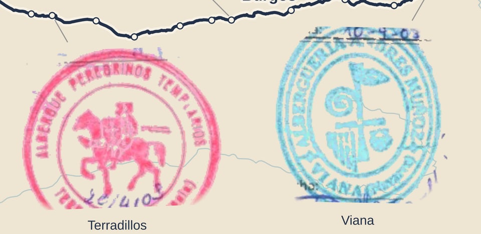 Pink Terradillos horse-and-rider stamp beside a blue Viana stamp, positioned on the route map.
